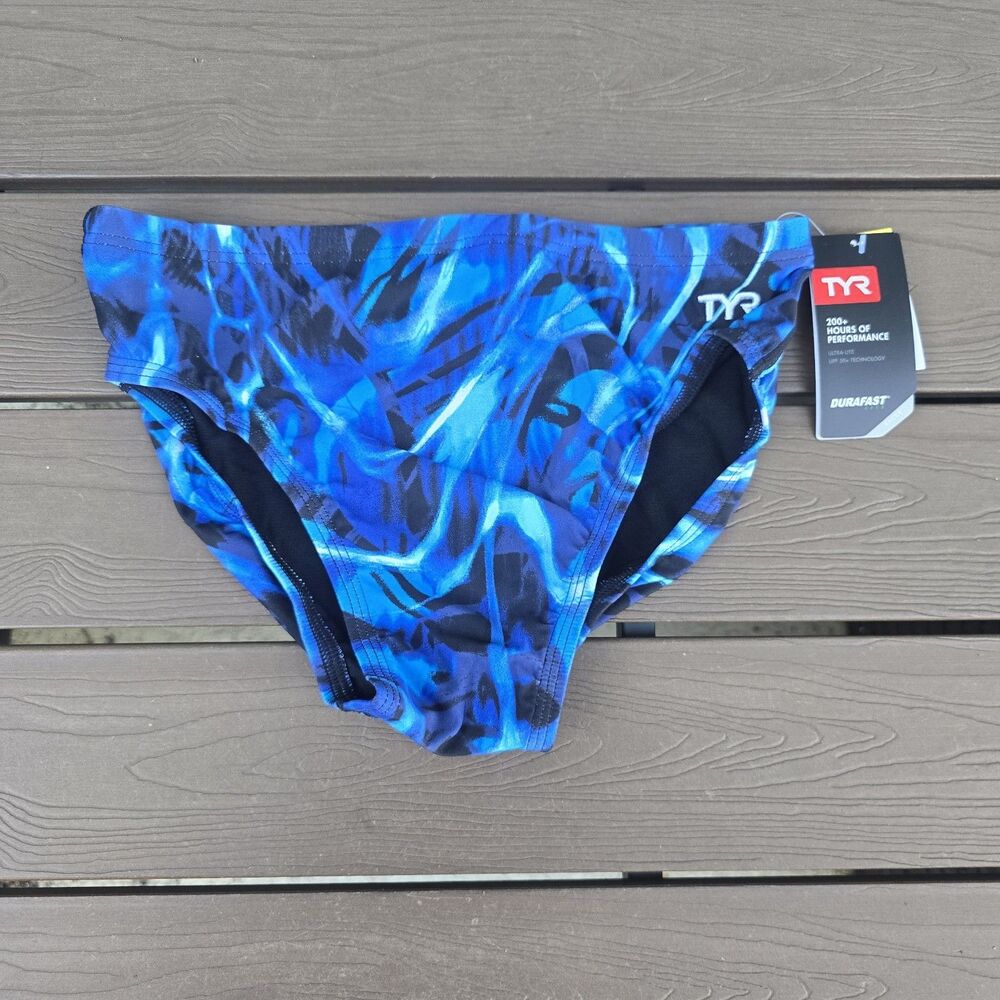 TYR Men's Durafast Lite Electro Swim Racer Brief Black/blue SZ 32 New